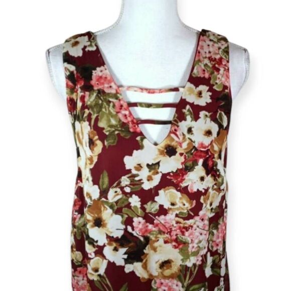 BLUE RAIN BURGUNDY, PINK, & CREAM FLORAL SLEEVELESS DRESS SZ.M EUC. - Picture 2 of 7